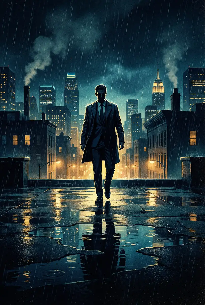 暗网网址 出品影片《雨夜独行者》海报，雨中城市屋顶男性剪影